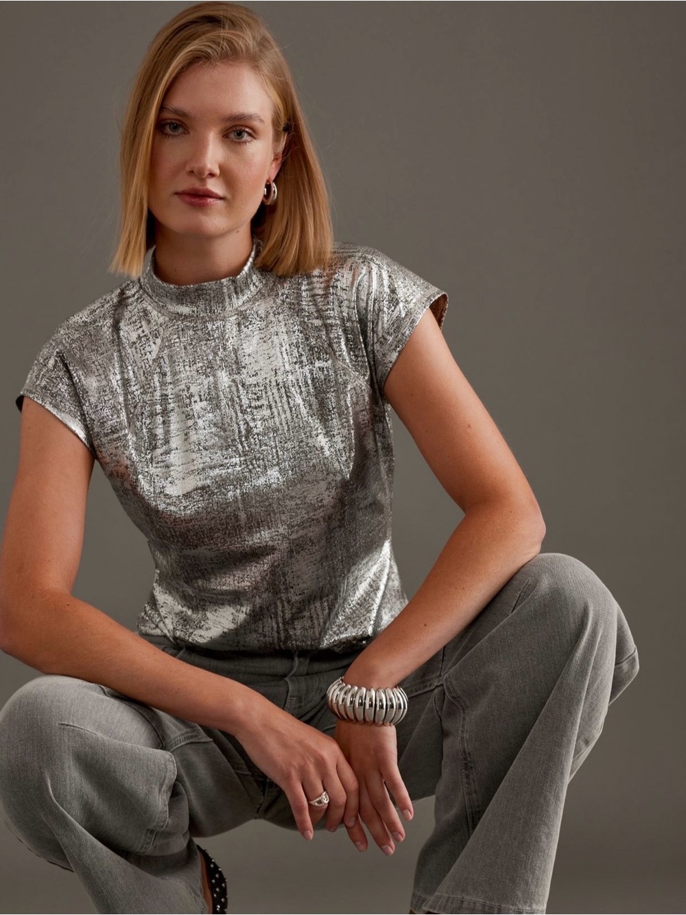 Anthropologie Pilcro Cap Sleeve Mock Neck Metallic Top